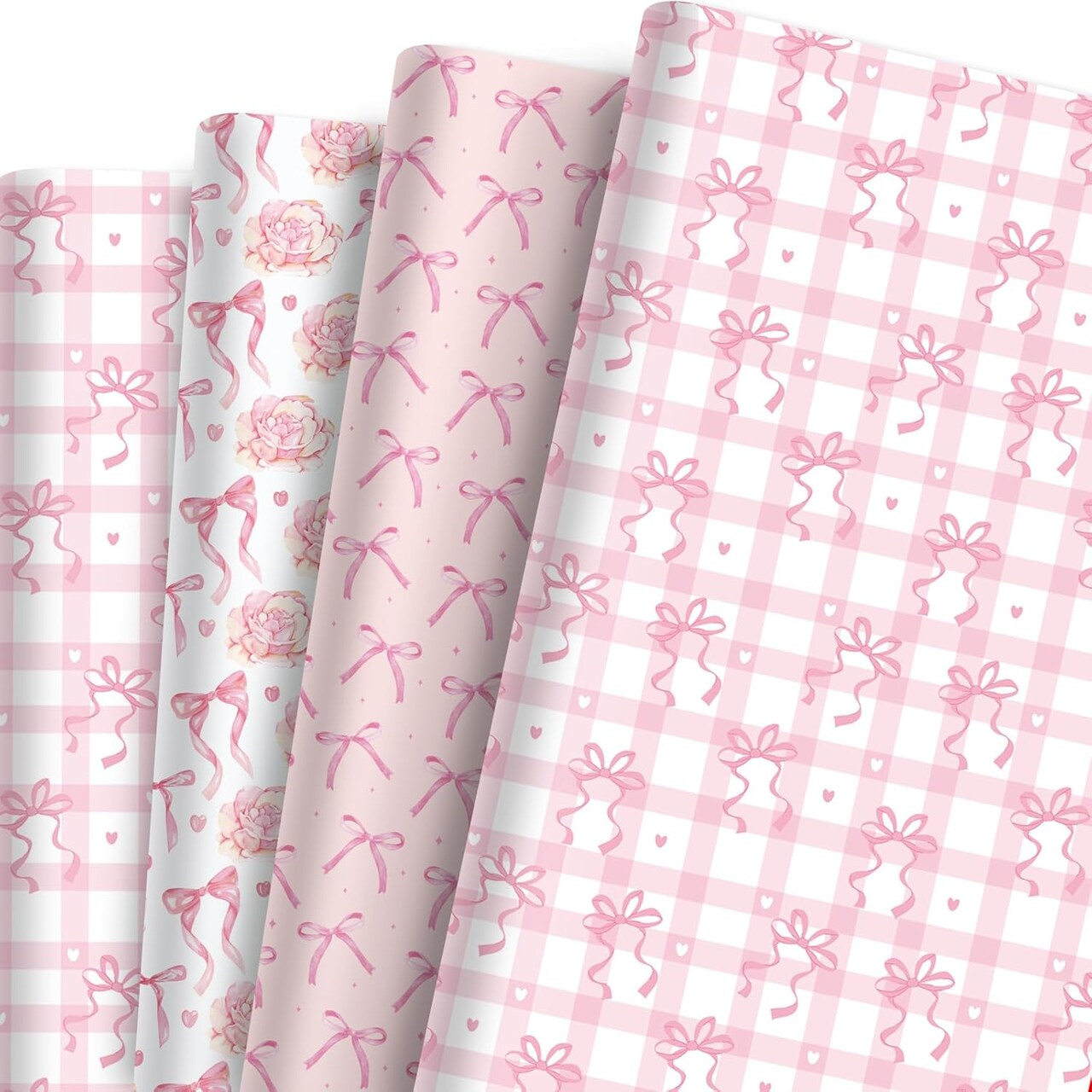 12 Sheets Pink Bow Wrapping Paper – Floral, Plaid, Heart & Bow Designs, Folded Flat Craft Paper for Valentine’s Day, Wedding, Baby Shower, Birthday (Pink Bow) 19.7 x 27.6 Inch